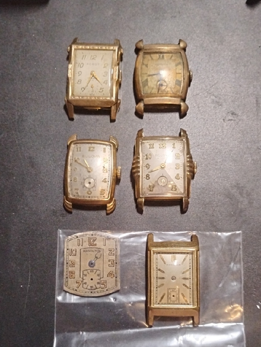 Vintage Hamilton, Bulova, Monarch Robot Tank Watch Cases and Dials  Assorted Lot